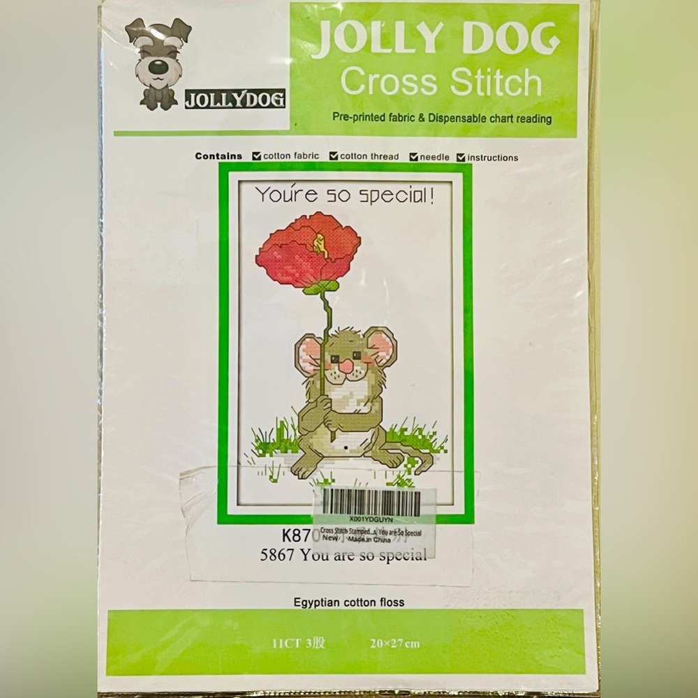JollyDog PrePrinted Cross Stitch Kit "You're So Special" Mouse w/Poppy NEW K870